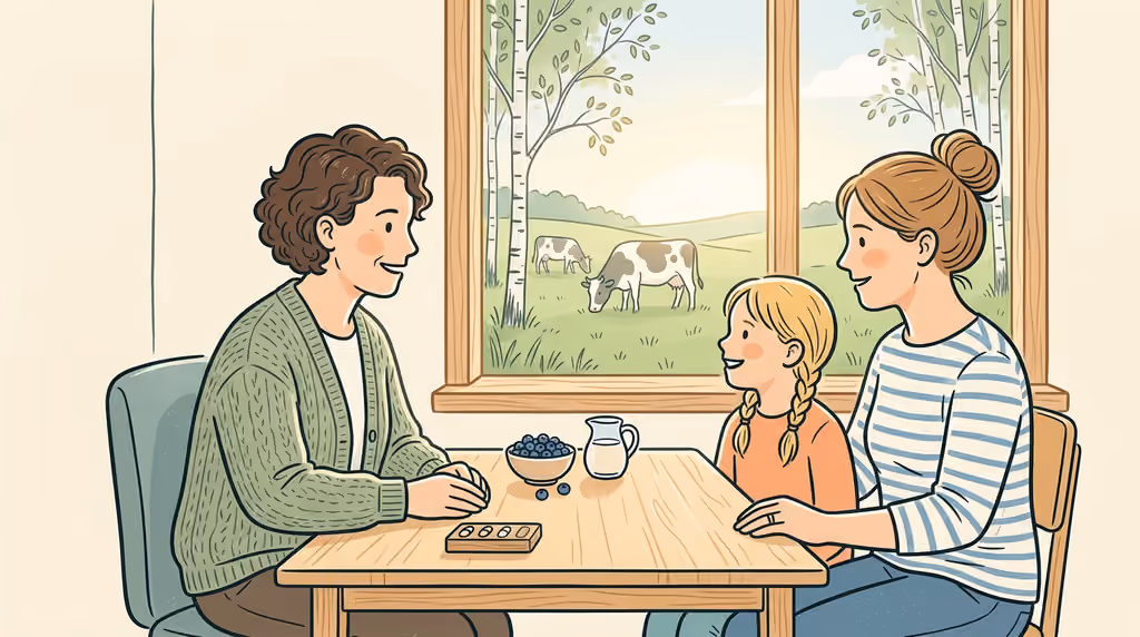 Eine freundliche Kinderärztin berät eine Mutter und ihr Schulkind an einem Holztisch, während draußen auf einer sonnigen Weide friedliche Milchkühe grasen.