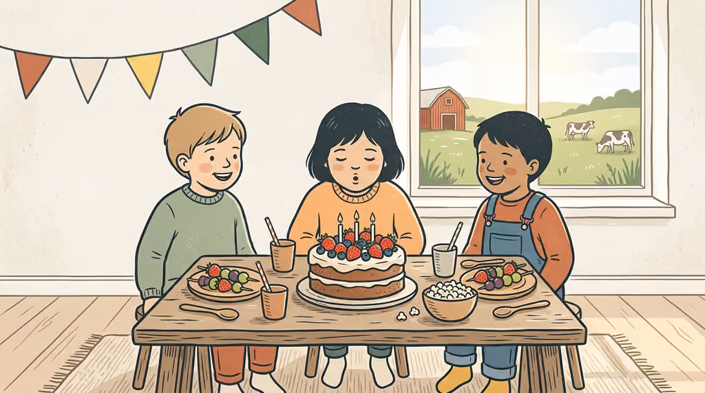 Fröhlicher Kindergeburtstag am Holztisch mit buntem Beerenkuchen, Trinkbechern und lachenden Kindern in einer hellen skandinavischen Stube.