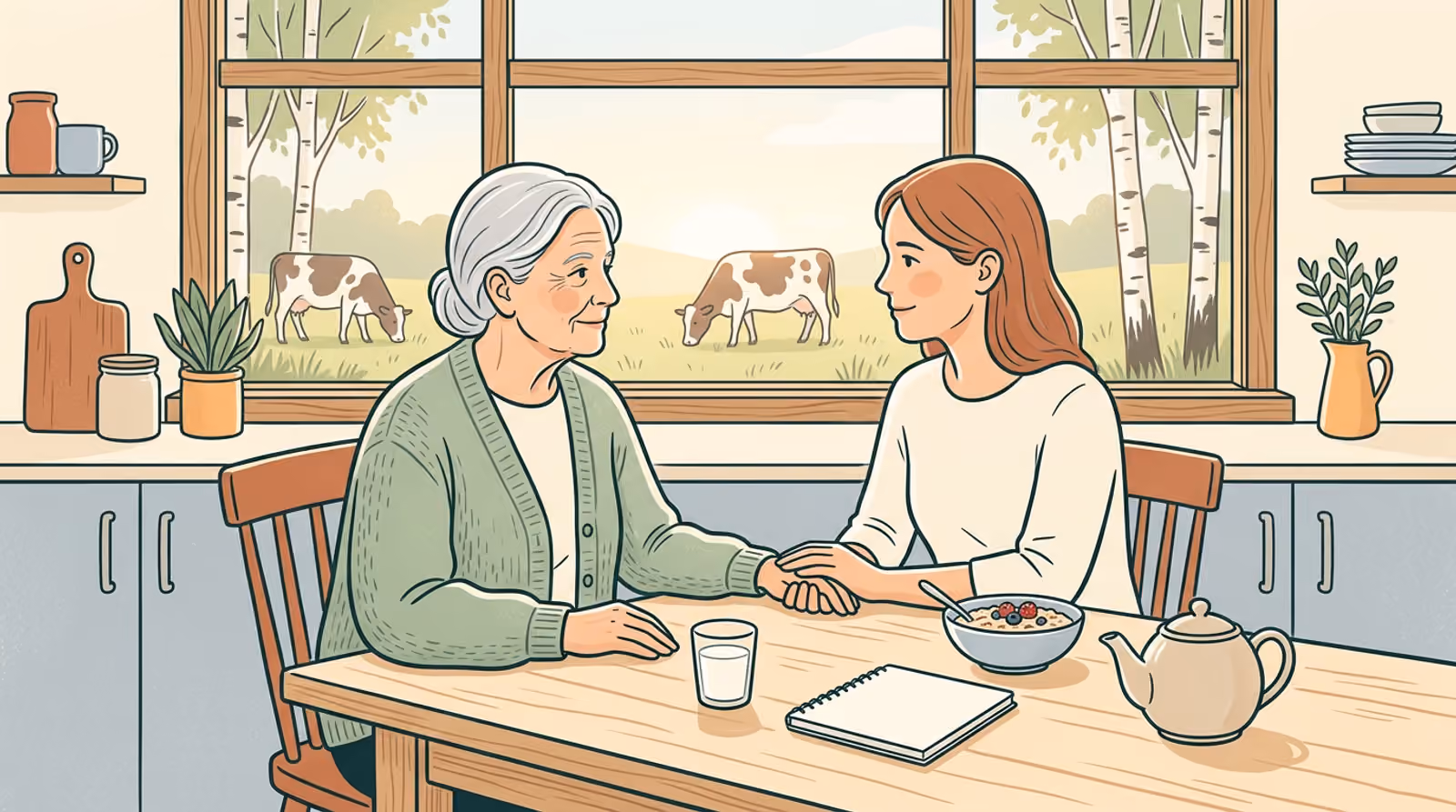 Eine ältere Frau spricht mit ihrer erwachsenen Tochter am Frühstückstisch und zeigt auf ein Glas Milch neben einem leeren Notizbuch.