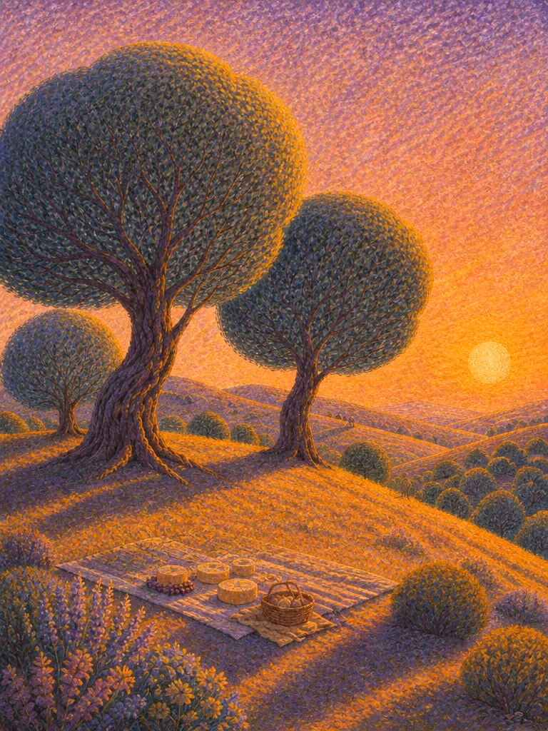 Familie dreier Generationen genießt ein Käse-Picknick auf einer sonnigen Anhöhe im goldenen Abendlicht.