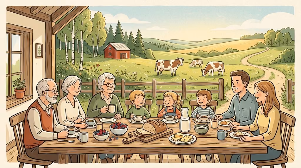Ein sonniger Bauernhof am Morgen: Drei Generationen frühstücken an einer Holztafel, während im saftigen Wiesenhintergrund friedliche Kühe grasen.